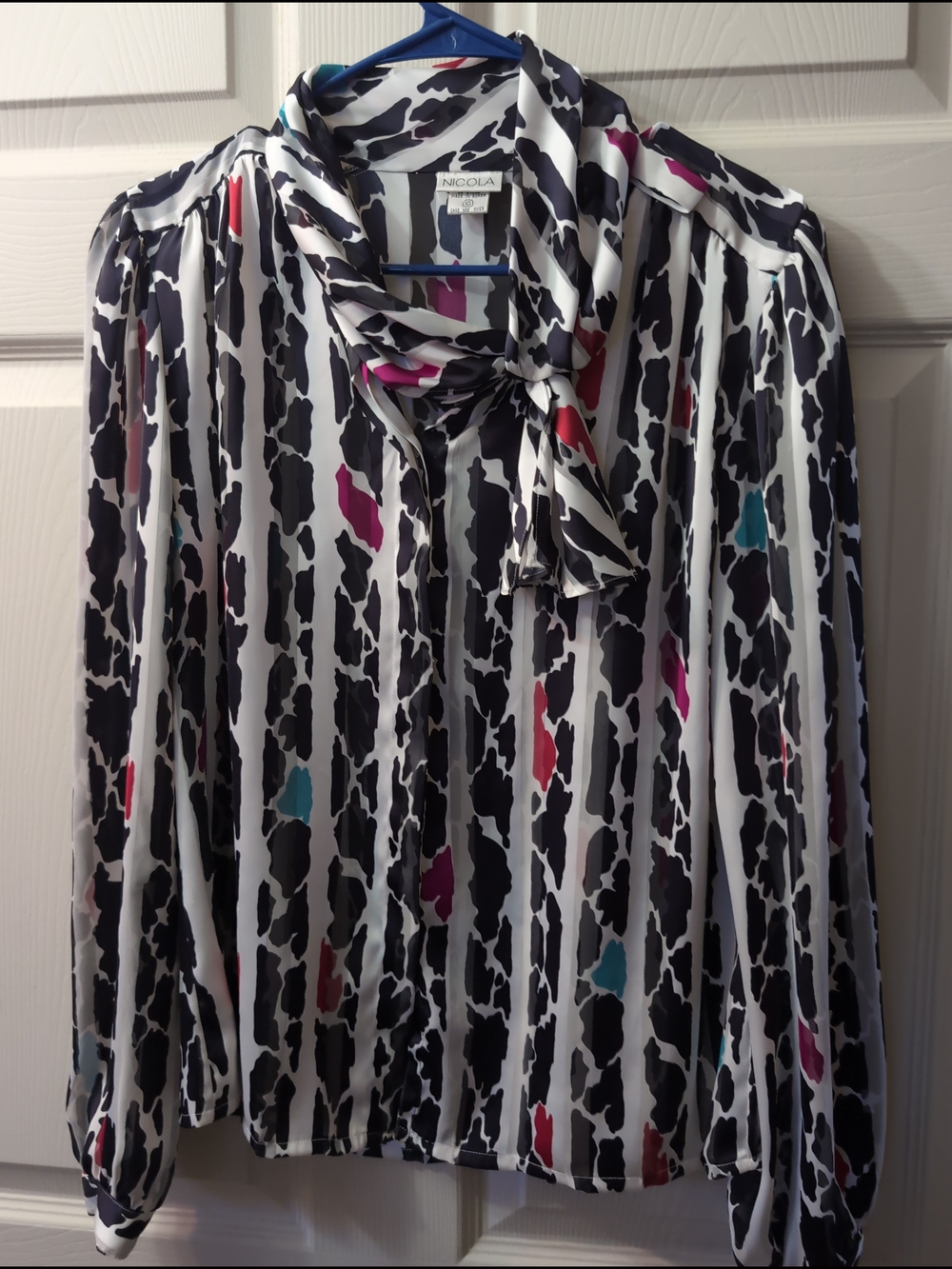 NICOLA Black & White Abstract Print Tie-Neck Blouse with Teal & Magenta Accents